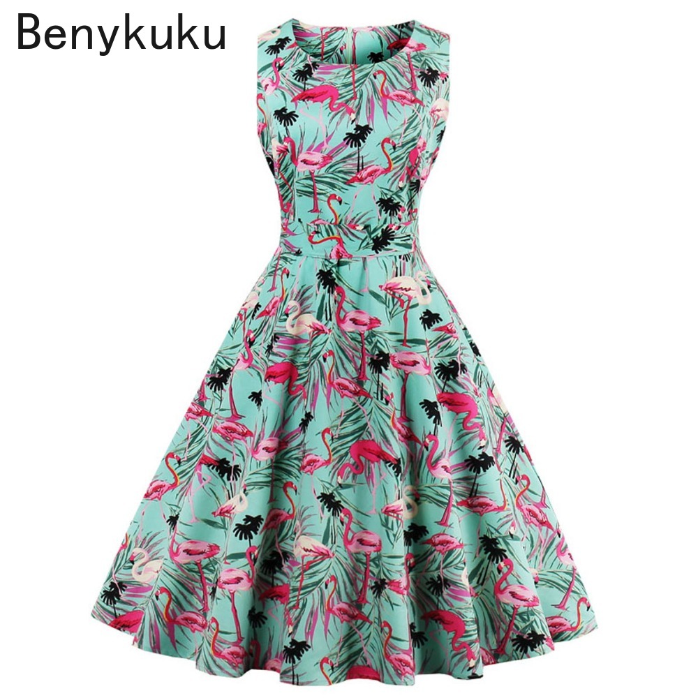 Plus Size Swan Flamingo Print Vintage Dress Women Casual Tunic Pin Up Robe 50s Rockabilly Summer Party Dresses Feminino Vestidos