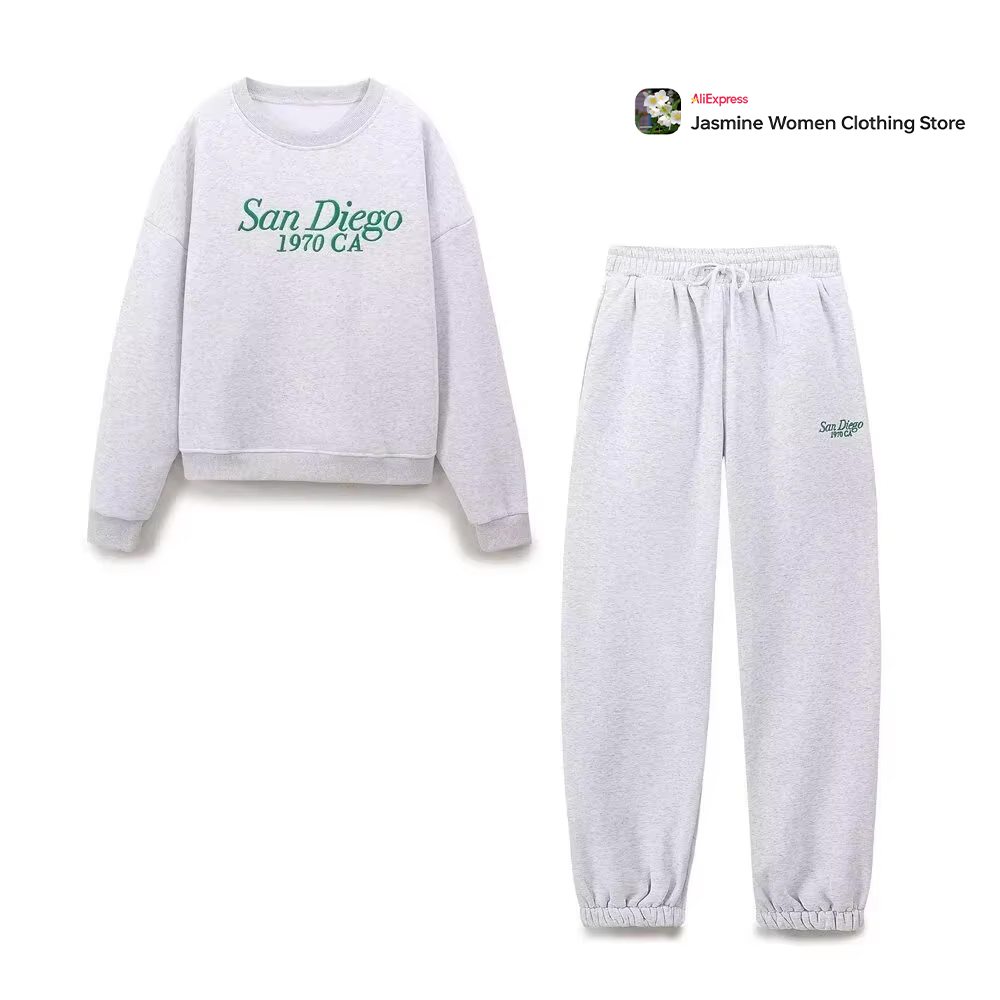 Women Light Gray Pantsuit Ensemble 2piece Femme Sport Set O-NECK Text Embroidery Sweatshirt Mid Elastic Waist Plush Jogger Pants