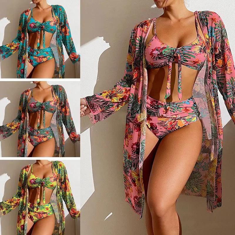 Maillot de bain trois pieces imprime Floral pour femmes ensemble deux pieces soutien-gorge sans fil avec coussinet haut de Sport