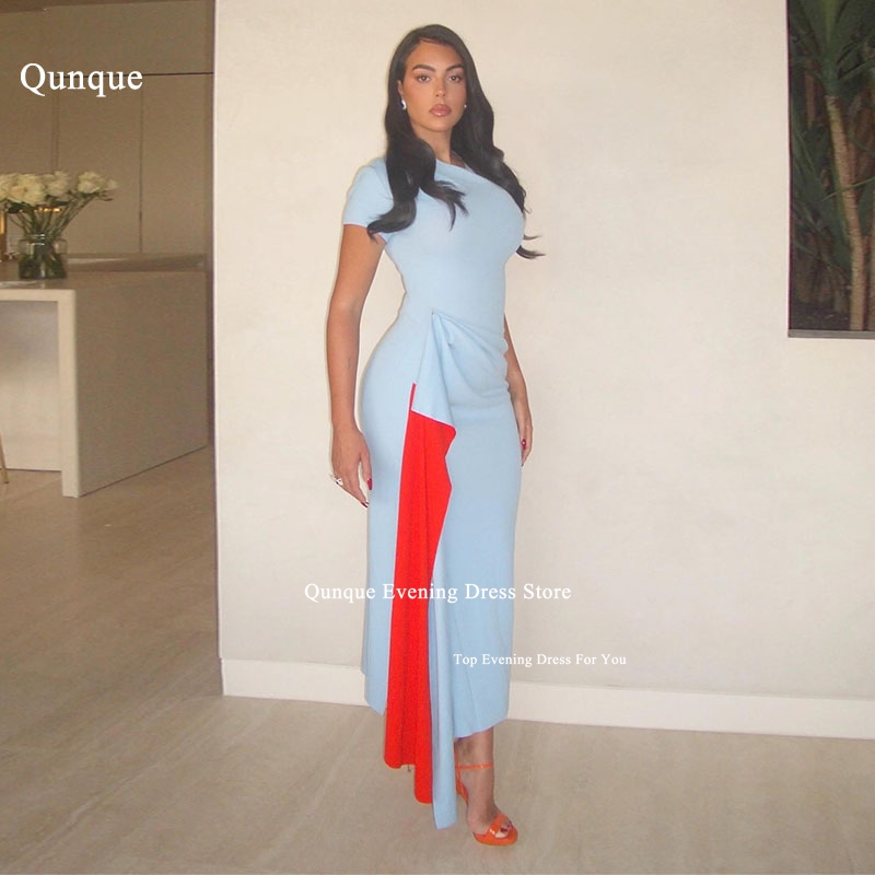 Qunque O-Neck Mermaid Sky Blue Evening Dresses With Red Slit Pleated Abito Cerimonia Donna For Women Evening Gown Customized