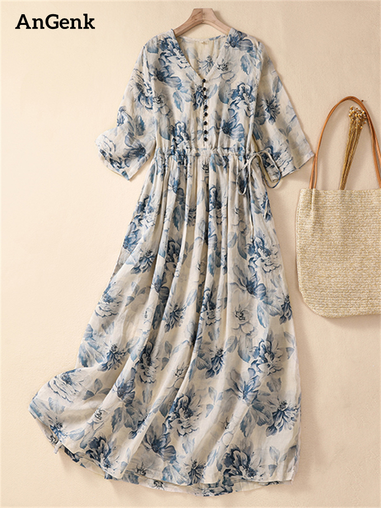 Short Sleeve Print Vintage Long Dresses For Women 2026 New Summer Fashion Casual Loose Dress Femme Robe Vestidos Elegant Clothes