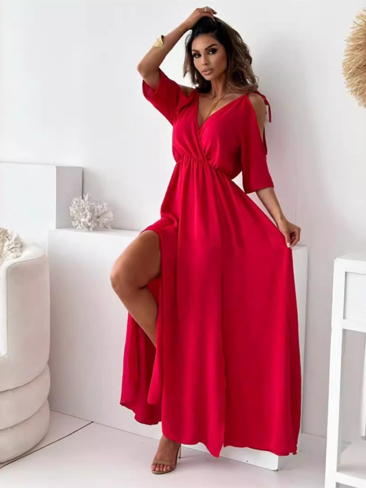 Summer V-neck Skirt Slit Dress Off-shoulder Sleeves Sexy Spaghetti Strap Dress Fashion Elegant Loose Beach Dresses Robe Femme