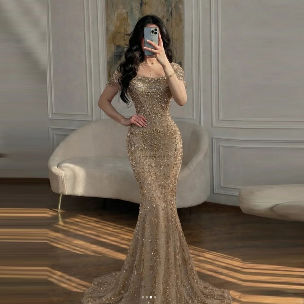 Charming Shiny Evening Dresses Woman's Mermaid Prom Gowns Short  Sleeve Sequined Fashion Beach Party Customized Vestidos De Noch