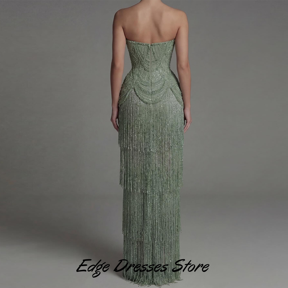 Luxury Tassel and Beading Celebrity Gowns Elegant Strapless Sleeveless Customized Evening Dress Sparkly Sequined Prom Dresses