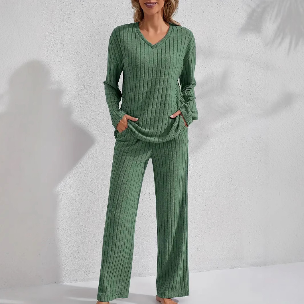 New Conjuntos Deportivos Para Mujer Spring Summer Sports Commuting Suit Womens V-neck Long-sleeved Top Wide-leg Pant 2-piece Set