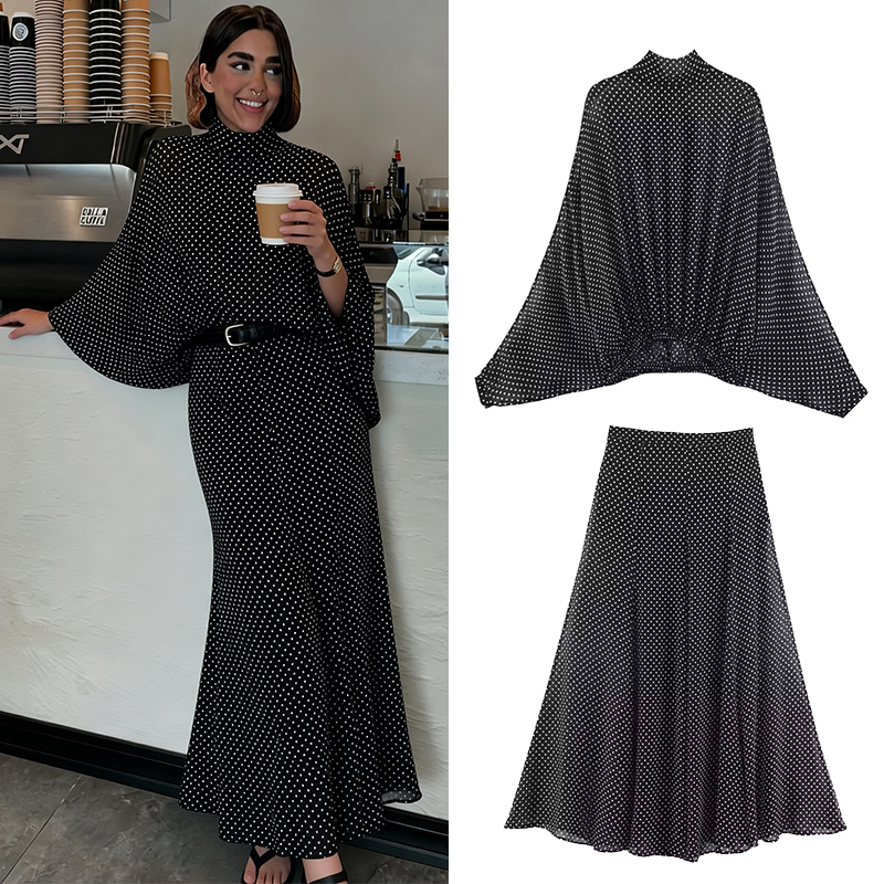 Polka Dot Printed Midi Skirts Two Piece Sets for Women 2025 Summer Chic Bow Tied Blouse Top Suits Woman 2 Piece Outfits