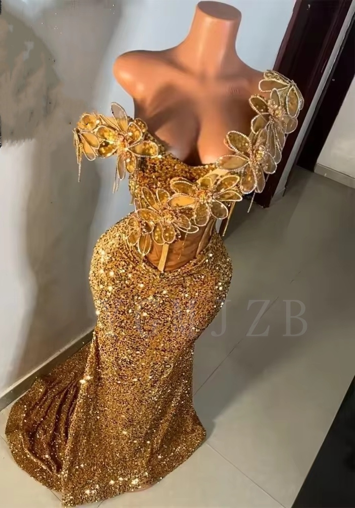 Aso Ebi Gold Prom Dresses 2025 Luxury Bead Rhinestones 3D Flowers African Wedding Party Gala Birthday Evening Gown Customized