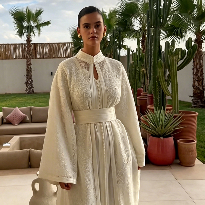 Luxury White Embroidered Moroccan Caftan Abaya For Women Belted Long Sleeve Maxi Dress Dubai Muslim Formal Evening Gown