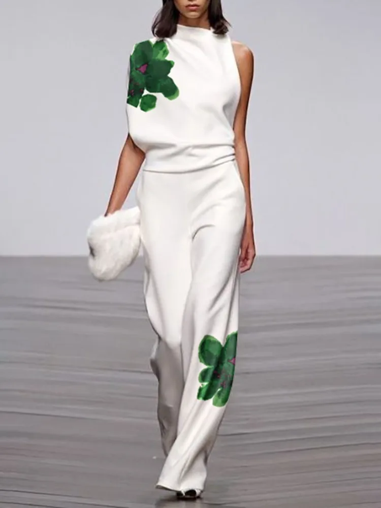 UOOZEE 2025 New Summer Women's 2 Piece Sets Fashion Floral Printed High Neck One-shoulder Tops & High Waisted Straight Leg Pants