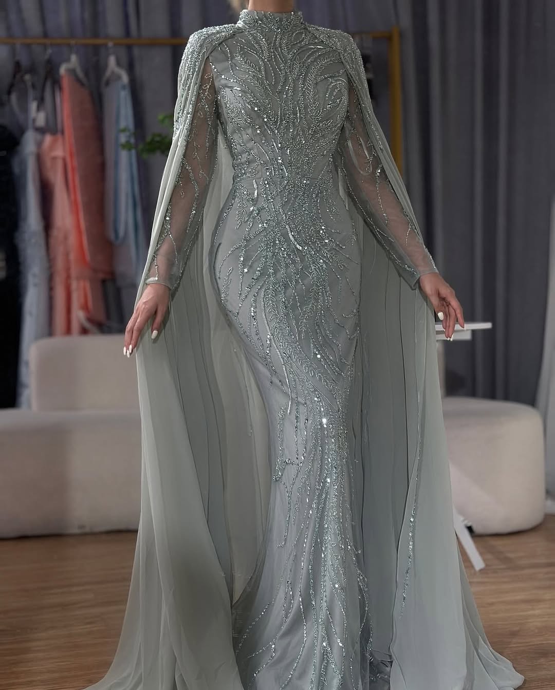 Jirocum Luxury Sage Green Beaded Mermaid Evening Dresses High-Neck Cape-Sleeve Gown for Gala Prom Party Dresses