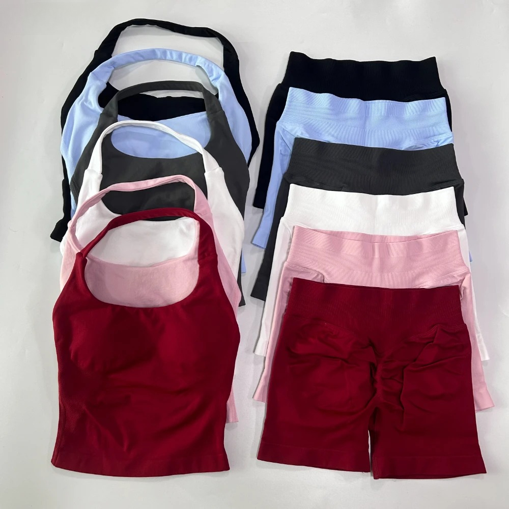 2Pcs Seamless Workout Set Women Backless Halter Crop Tops High Waist Shorts Gym Fitness Sports Activewear Suit