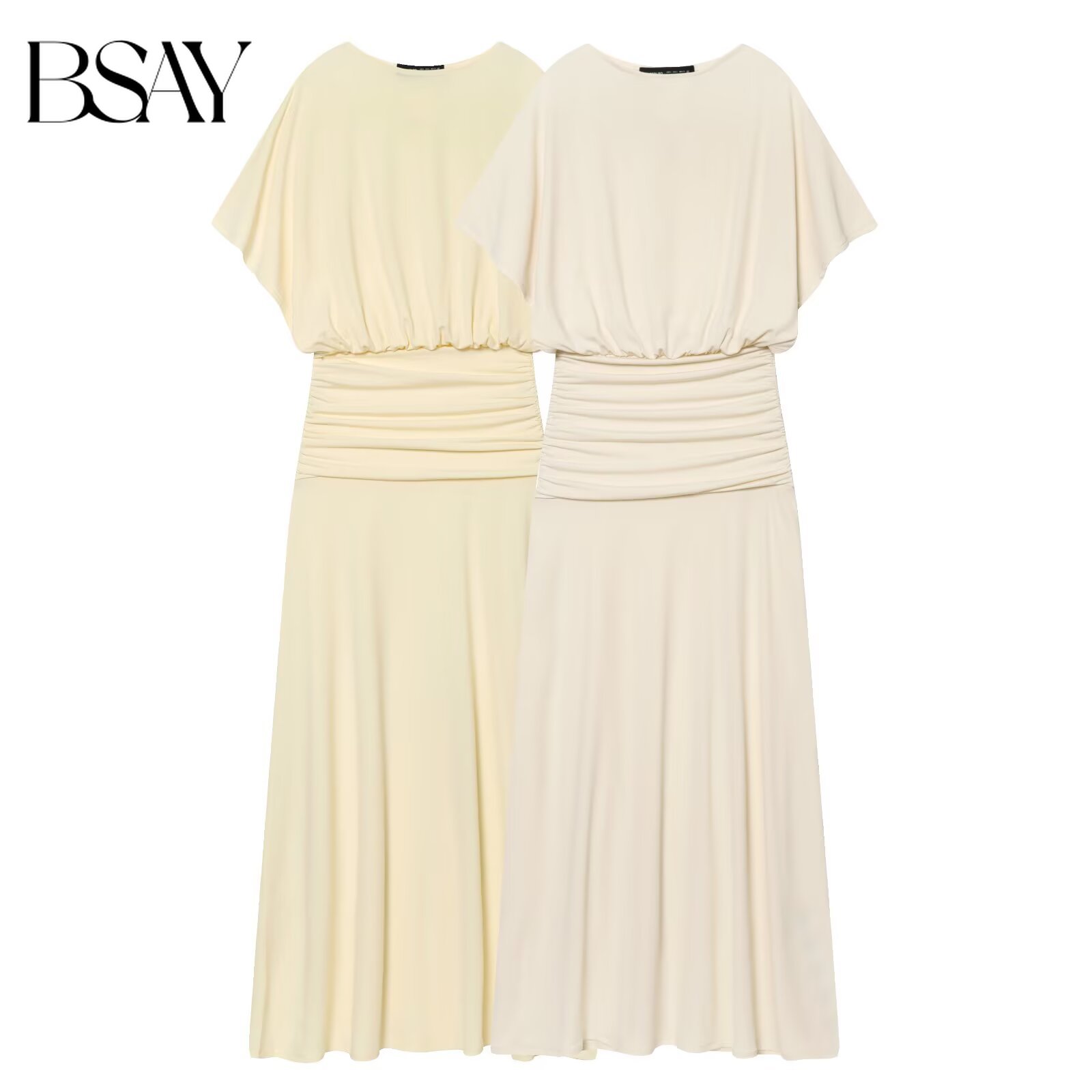 BSAY Women's Ruched Waist Maxi Dress Short Sleeve Round Neck Casual French Elegant Long Dresses Summer Party Dresses