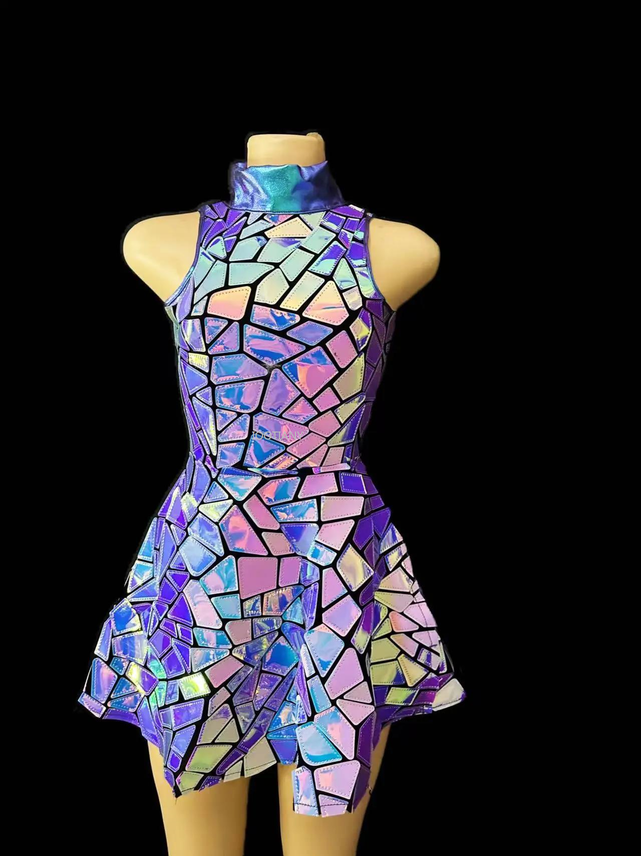 Silver Mirror Nightclub Dress Women Evening Birthday Outfit Sleeveless Shiny Laser PU Bar Dj Gogo Dancer Singer Stage Costumes