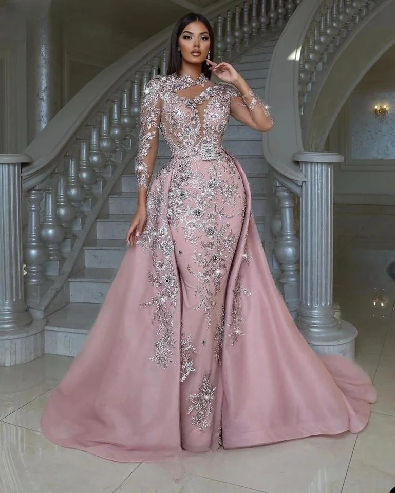 Pink Prom Dresses Mermaid Long Sleeves Appliques Dubai Saudi Arabia Prom Gown Evening Robe De Soiree Haute Couture Customized