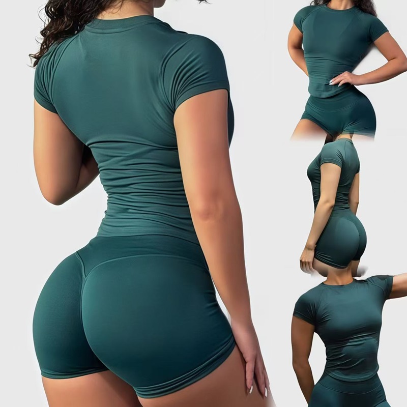 סט ספורט 2 חלקים לנשים - טופ袖 קצר seamless, לגינס ספורט