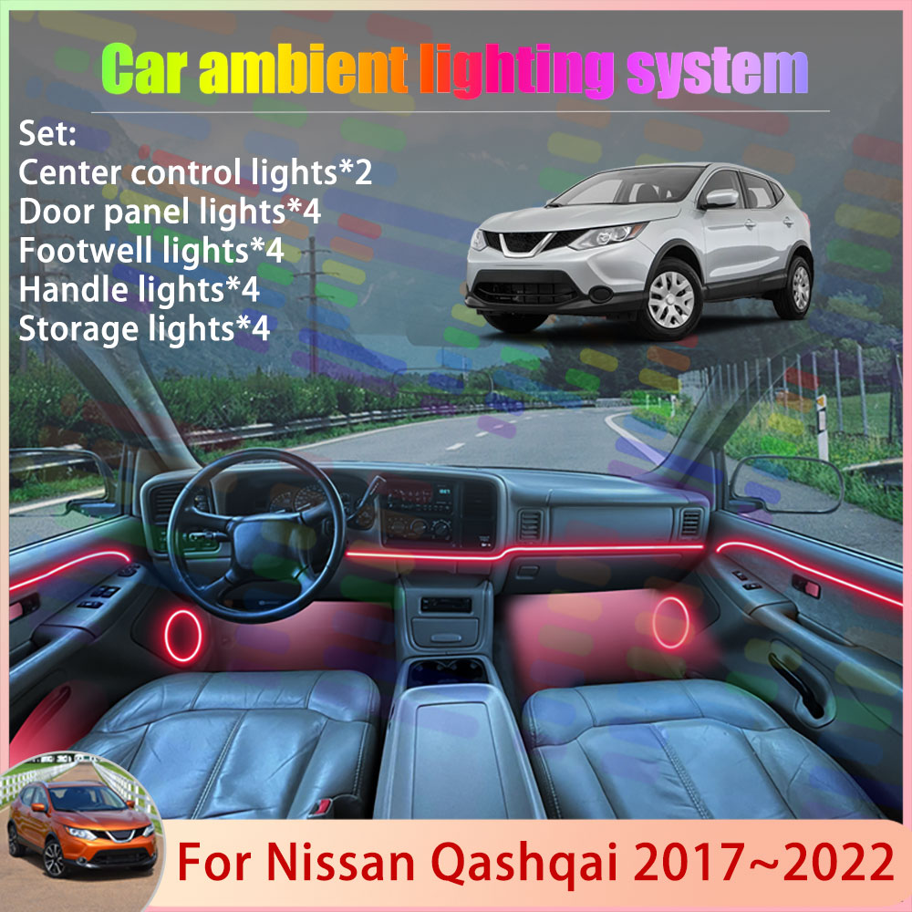 For Nissan Qashqai 2017~2022 MK2 Rogue Sport J11 2/18 in 1 Car Atmosphere Light Lamp RGB Shade Ensemble Streamer Atmosphere Set