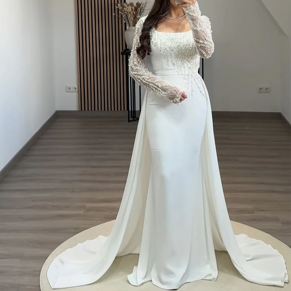 Luxury Square Collar Evening Dress Beading Lace Mermaid Floor Length with Sweep Train Customized Long Sleeve فستان سهرة نسائي