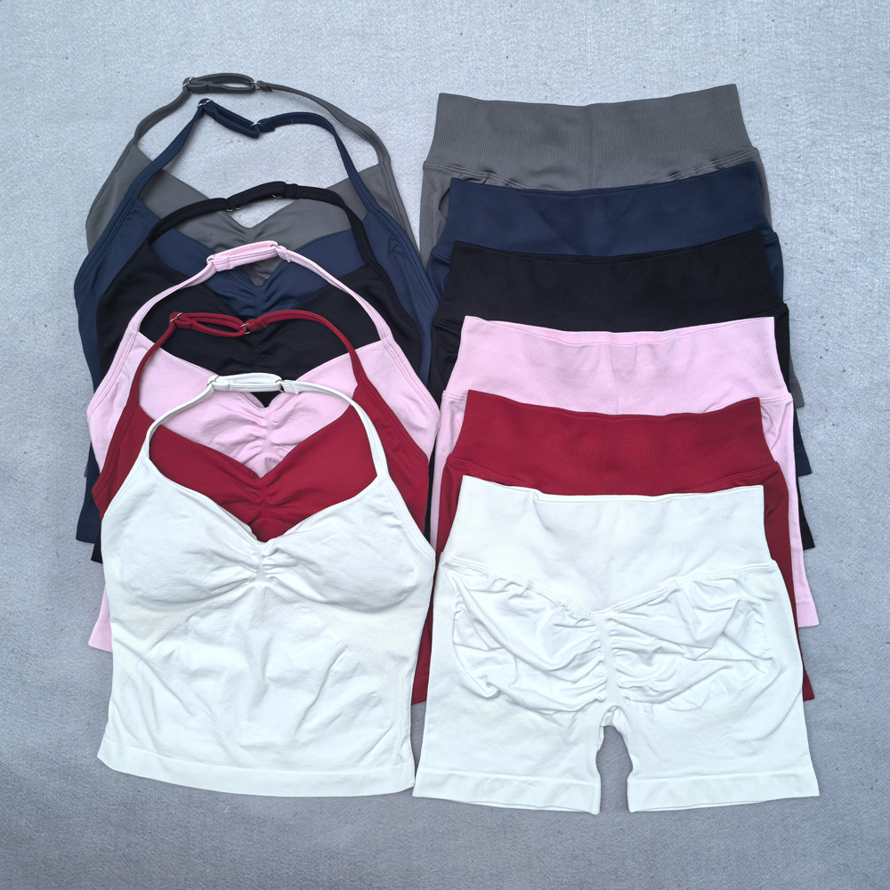 2 Pieces Seamless Yoga Set Workout Clothes Shorts Sets Adjustable Longline Strappy Top Scrunch Shorts Yoga Clothing Gym Set