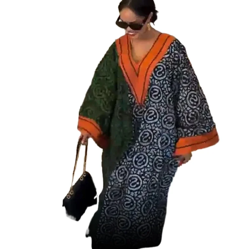 Elelgant V-Neck Simple Loose Dress Women 2025 Spring Summer Holiday Printing Patchwork Maxi Dress Casual