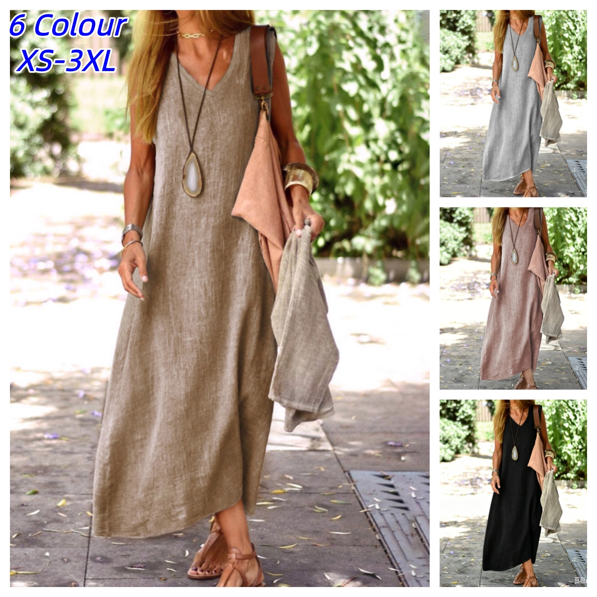 Women V Neck Pullover Cotton Linen Solid Color Loose Summer Bohemian Comfortable Casual Sleeveless Long Skirt Tank Dresses