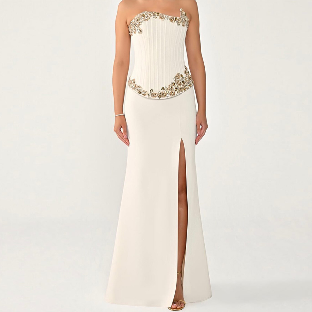 Fashion Strapless Side Slit Celebrity Gowns Exquisite Customized Crystal Vestido De Festa High Quality Jersey Evening Dress
