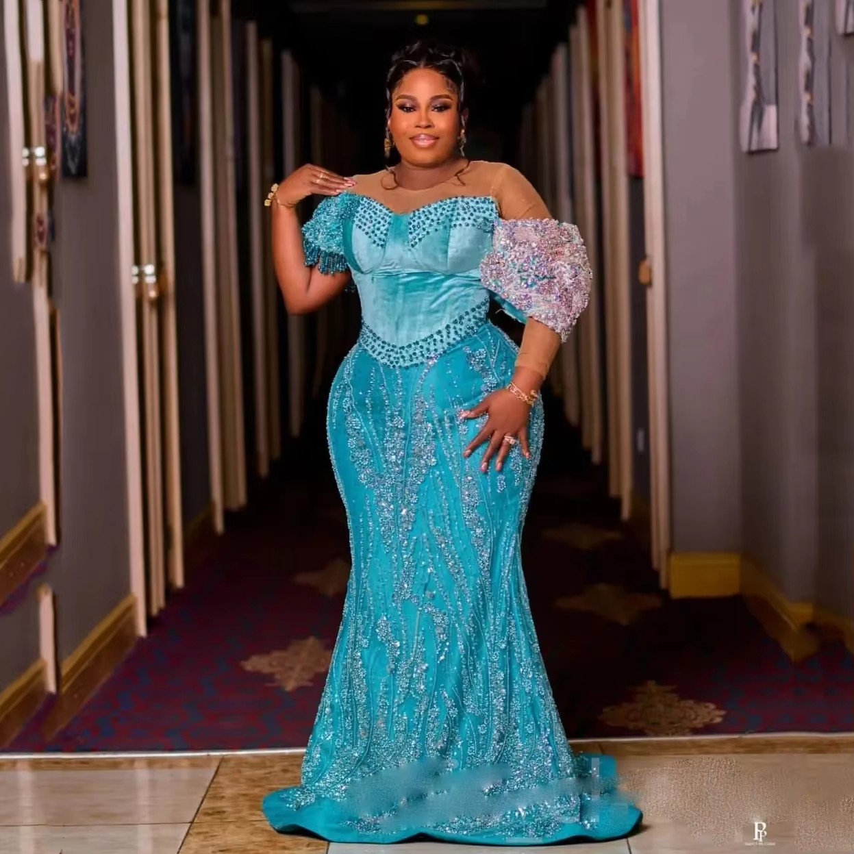 Blue Evening Dress Long Mermaid Beading Evening Gowns Full Sleeves Applique African Formal Dress Sequines abito da sera Aqua