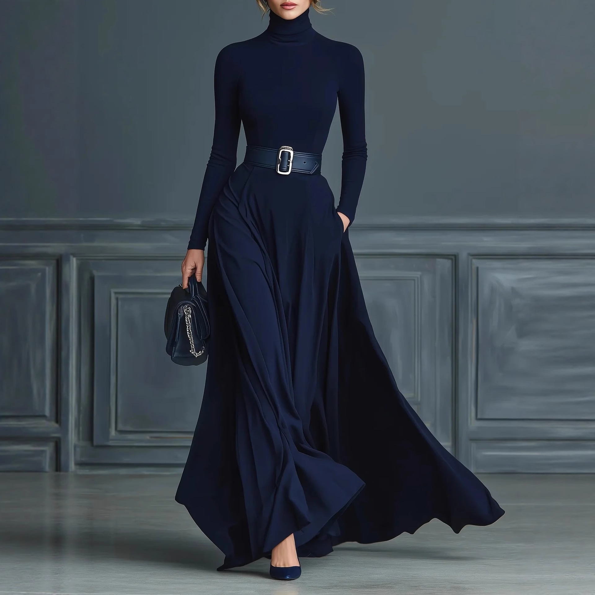Abito Cerimonia Donna Solid Color High Neck Long Sleeve Waist Dress Women's Autumn Winter Hem Long Dress Vestidos Formales Mujer