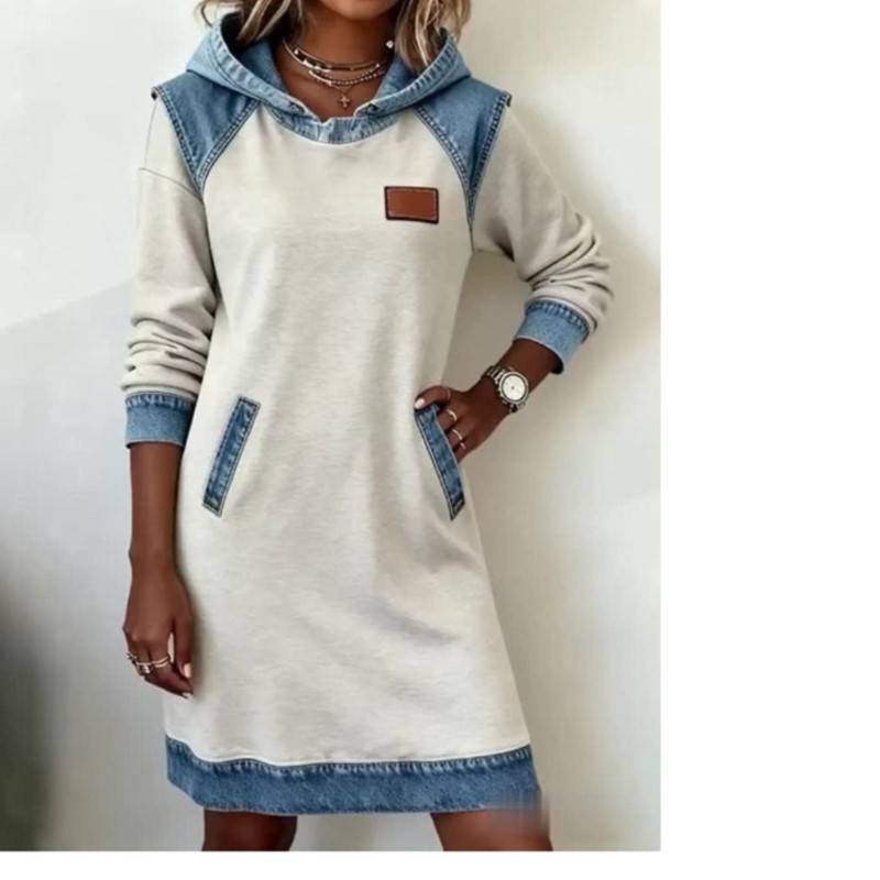 Vestidos De Mujer Casuales Kleid Autumn Winter Splicing Pocket Waist Dress Women Mid-length Hooded Long-sleeved Sweatshirt Dress