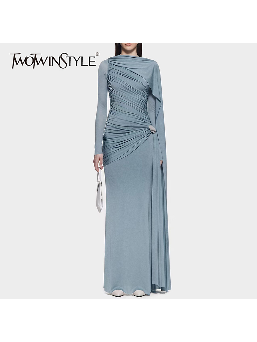 TWOTWINSTYLE Slimming Spliced Folds Temperament Dresses for Women Round Neck Long Sleeves Patchwork Ribbon Dress Female Clothing