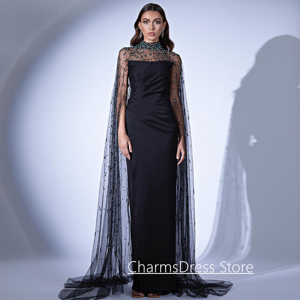 Black Evening Dress with Tulle Cape Customized Strapless Sleeveless Heavy Beading Stone Saudi Prom Gown Robe De Soiree