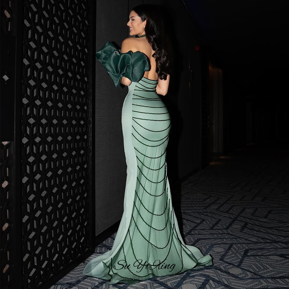 Sexy Backless Strapless Celebrity Gowns Customized Mermaid Organza Evening Dress Exquisite Beading Satin Vestido De Festa