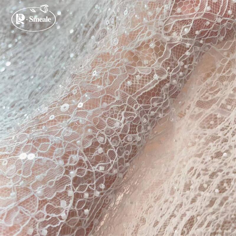 3Yards. White Beads Flash Sequins Lace Fabric.Luxury Evening Dress French Lace .Advanced Customization Bridal Wedding Fabric