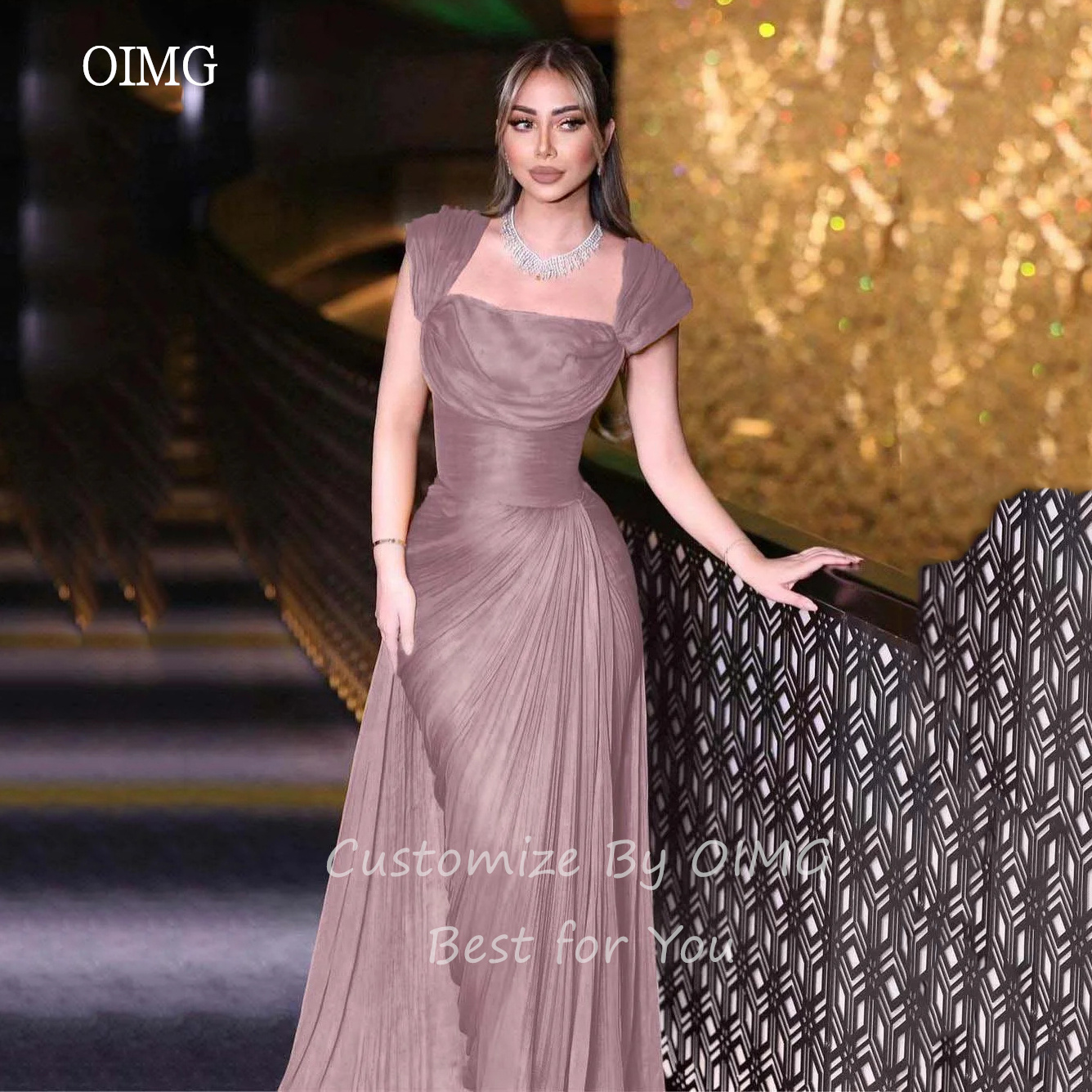 OIMG Elegant Blue Mermaid Prom Gowns Square Neck Pleated Party Gown Floor Length Evening Dress vestidos de festa Customized