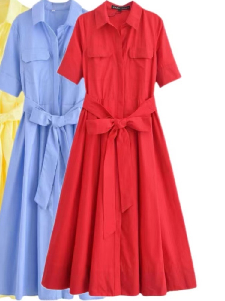 Women's Short Sleeve Shirt Dress With Casual Pockets Decoration Classic Long Dresses Summer Fashion Lapel Vestidos Para Mujer