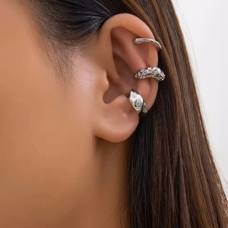 3 Pcs Fashion Geometric Ear Cuff Earrings for Women 3pcs/set Metal Chunky No Piercing Clip Earrings Ladies Party Girls Jewelry