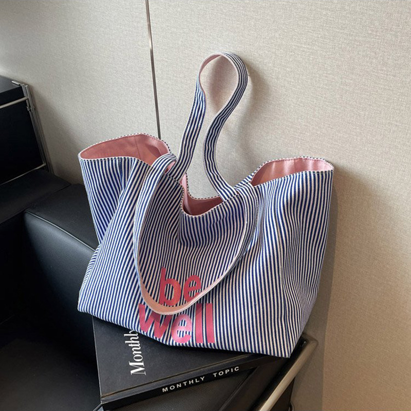 Casual Large Stripe Women's Shoulder Bag 2025 New Fashion Commuter Tote Bag High Capaci Canvas Handbag for Youth bolso mujer