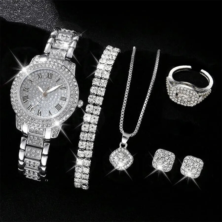 6PCS Luxury Rhinestone Women Quartz Watch Jewelry Set Elegant Ladies Wristwatch Accessories Gift Relogio Feminino（Without Box））