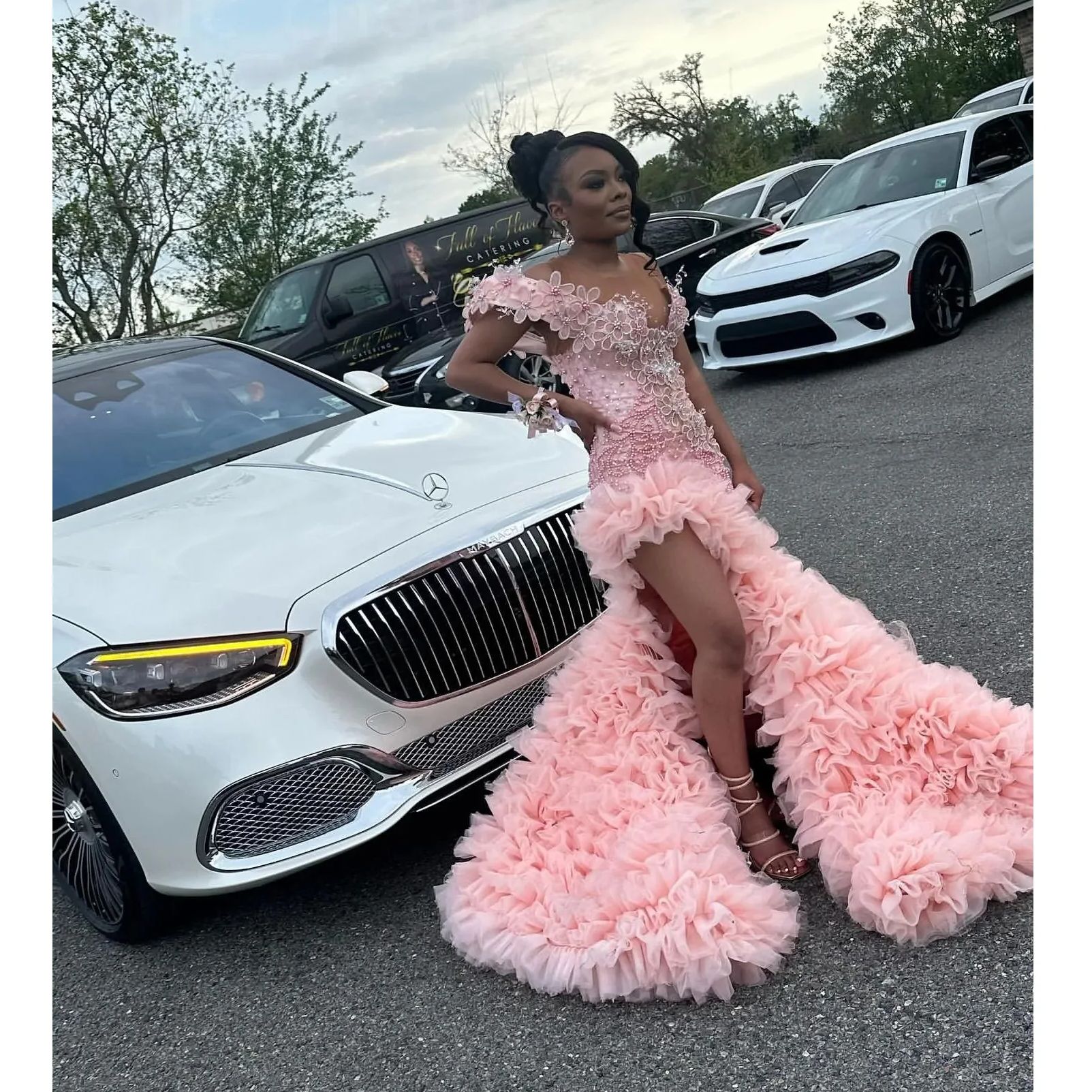 Pink Mermaid abendkleider Ruffle Evening Dress Layered Floral Beading Evening Dresses Tulle abito da sera Gorgeous Formal Gowns