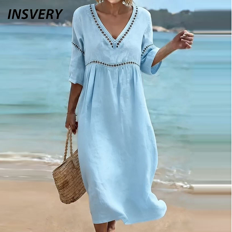 שמלת חוף קיץ V-neck נשית דיזיין חלול A-line מידי בוהו
