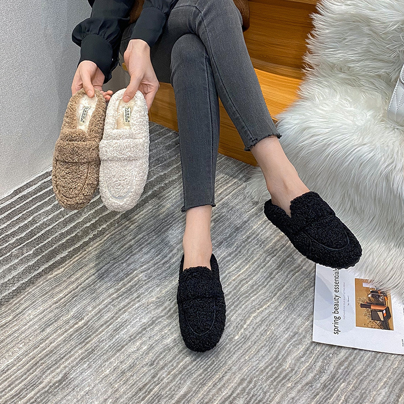 Women Shearling Flats Slippers Furry Lambswool Mocasines Mujer Warm Cotton Shoes Ladies Slip on Sheep Fur Lined Loafers Winter