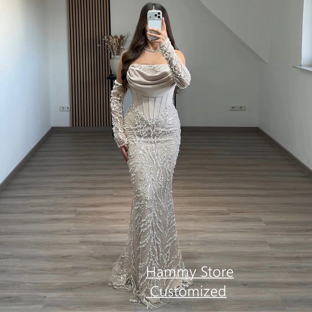 Robe De Soiree Mermaid Evening Dress Customized Strapless Detachable Full Sleeves Sparking Sequined Pearls Arabian Prom Gown