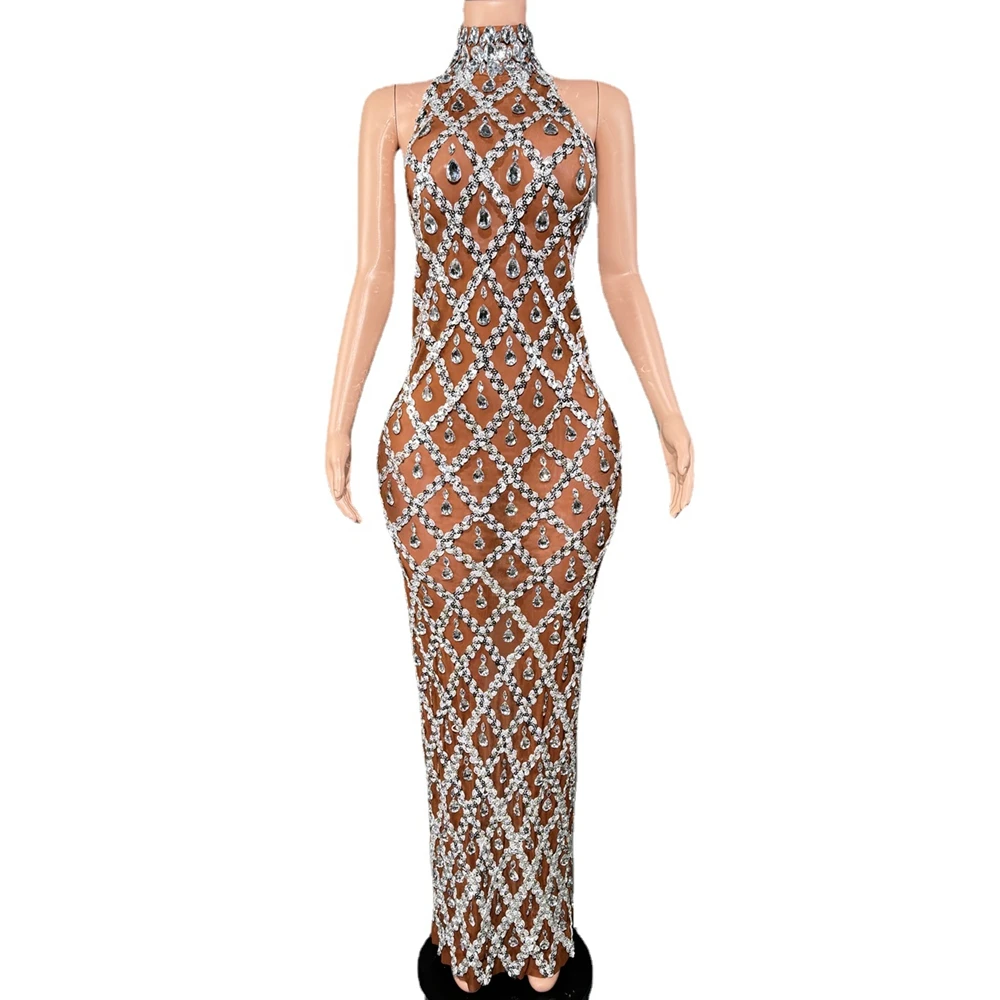 Sparkly Rhinestones Sleeveless Long Dress for Women Elegant Mesh Celebrate Evening Wedding Prom Birthday Dress Photograph Wear