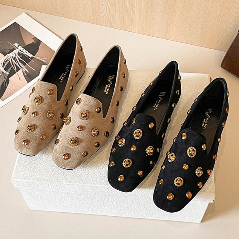 2026 Studs Loafers Women Square Toe Flat Shoes Ladies Spring Rivet Ballerines Female Daily Office Slip in Mocasines Mujer