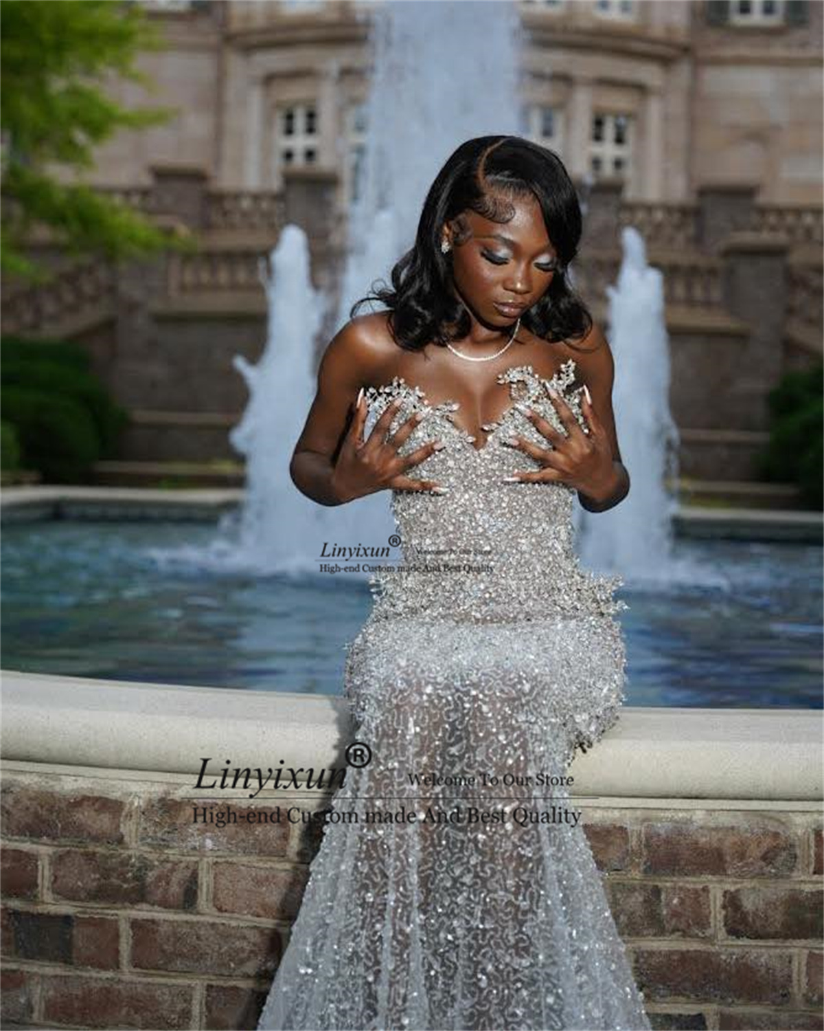 Shinny Sequins Diamond Prom Dress For Black Girl Customized Mermaid Eevening Party Gown Sexy Aso Ebi See Through Robe De Soiree