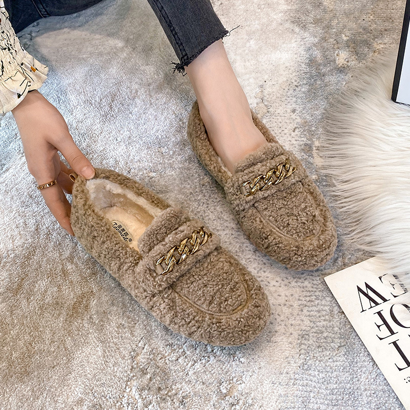 Women Shearling Flats Furry Lambswool Mocasines Mujer Warm Cotton Shoes Ladies Slip On Sheep Fur Lined Loafers Winter