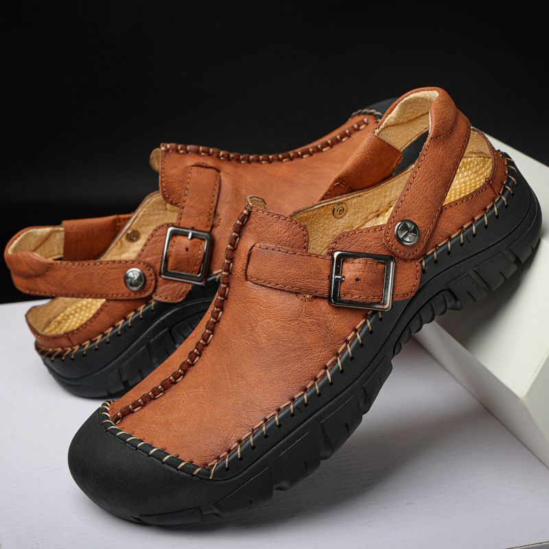 Men Sandals Fashion Handmade Leather Sandal Summer Baotou Beach Sandal Outdoor Non Slip Cow Tendon Sole Sandals Sandalias Hombre