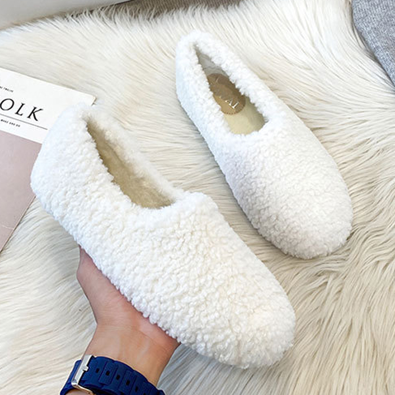 Plus Size 35-42 White Lambswool Loafers Woman Winter Cotton Shoes Warm Plush Mocasines Mujer 2026 Ladies Daily Sheep Fur Flats