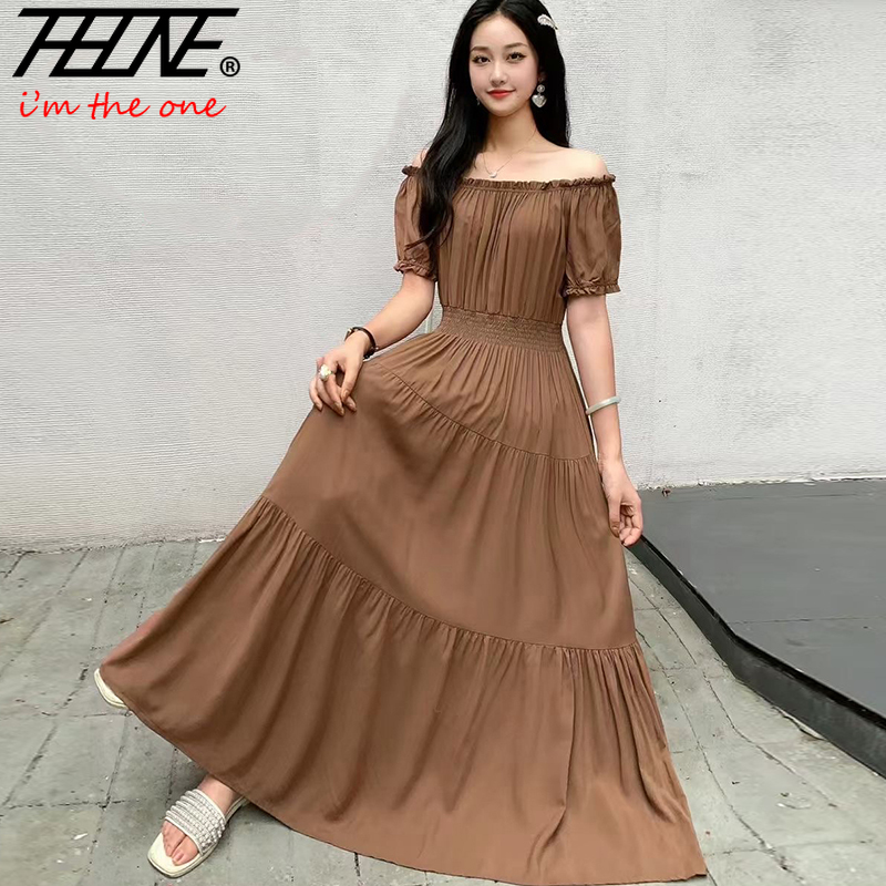 THHONE Vestido Feminino Robe Dress Women Summer Bohemian Holiday Off The Shoulder Beach Boho Elastic Waist Casual Long Dresses