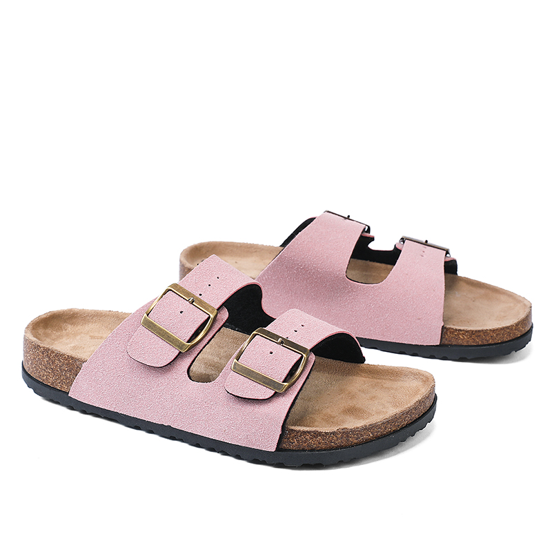 Women Suede Leather Cork Slippers Clogs Comfort Footbed Flat Sandals With Adjustable Double Buckles Indoor Home Shoes Ladies