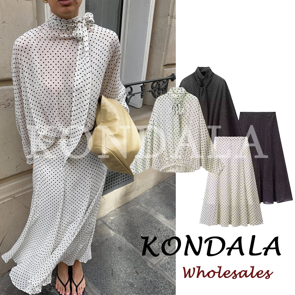 KONDALA Chic Women Casual Polka Dot Suits Bow Loose Elegant Shirt+Draped Long Midi Skirt Fashion 2026 Streetwear Female Sets